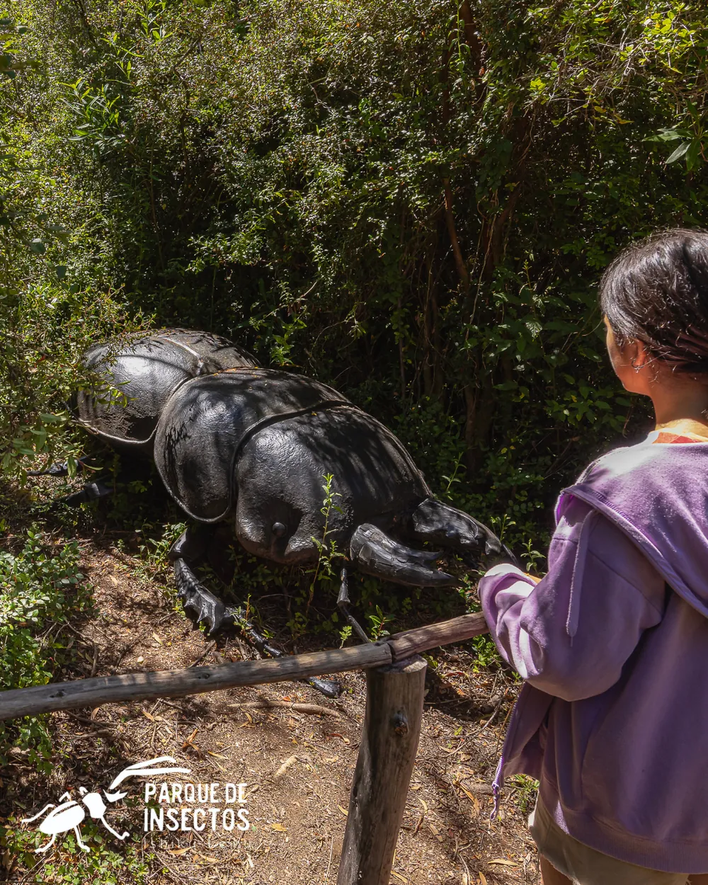 Niña frente a una maqueta monumental de un ciervo volante en el sendero